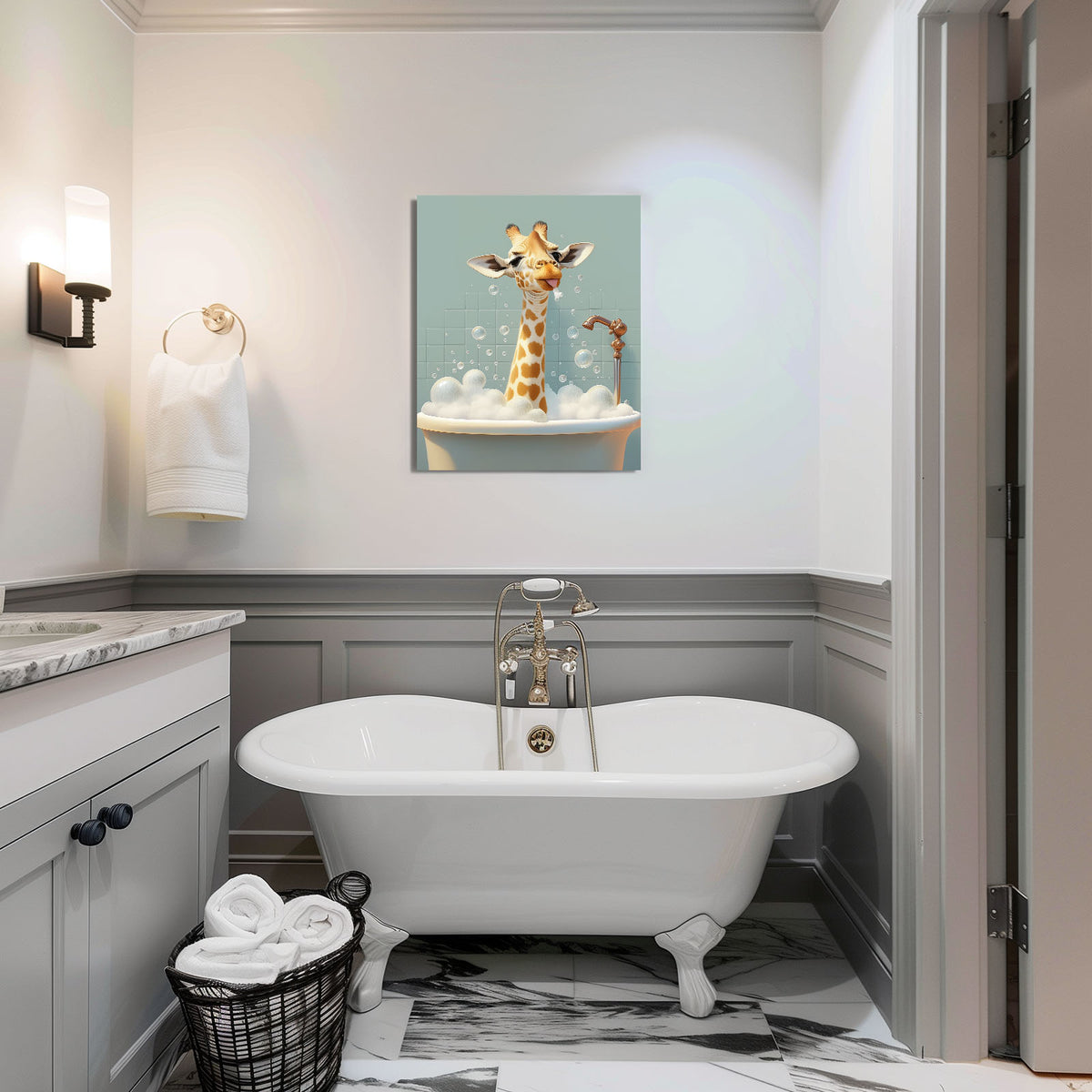 Giraffe in the Bathtub Whimsical Surreal Animal Illustration Wall Art