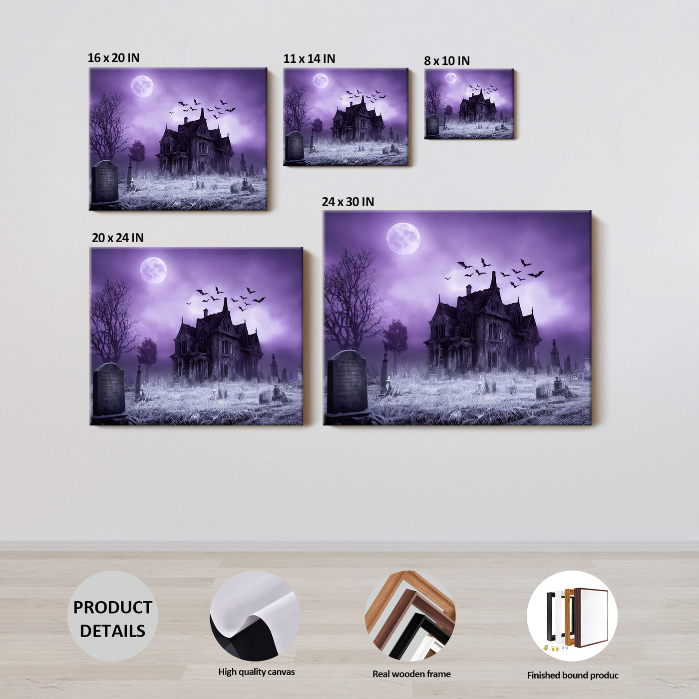 Haunted Mansion Halloween Canvas Wall Art, Full Moon Cemetery Decor