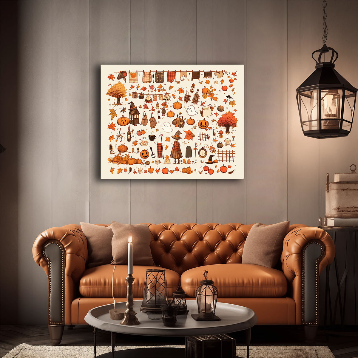 Autumn Cozy Halloween Doodle Collage Illustration Wall Art