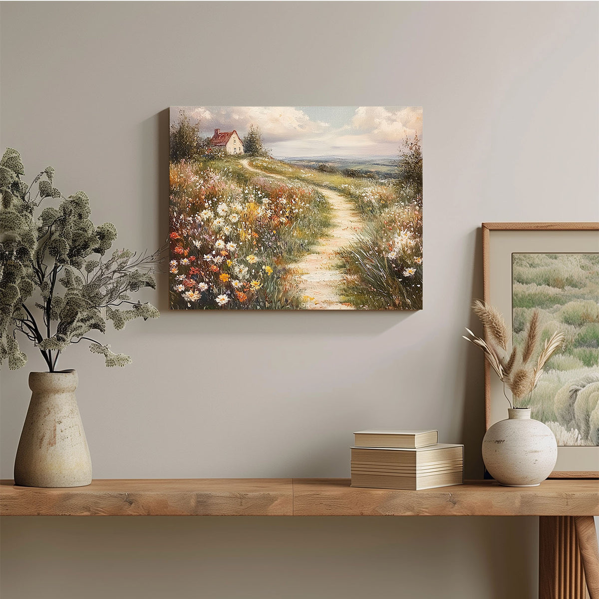 Wildflower Cottage Path Impressionist Countryside Landscape Painting Wall Art