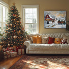 Christmas Tree Farm Canvas Wall Art, Snowy Rustic Farmhouse Landscape with Horse Cart Holiday Decor