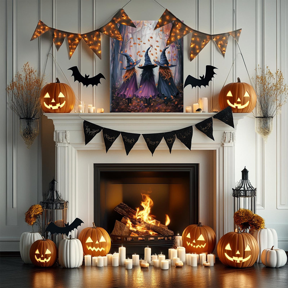 Three Witch Silhouettes Walking Through the Woods Painting Halloween Wall Art