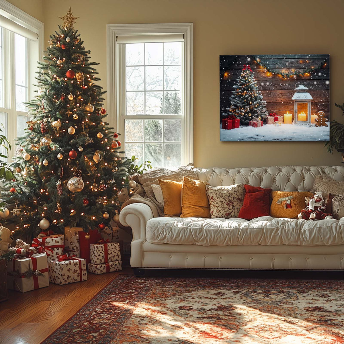 Rustic Christmas Cottage Canvas Wall Art, Snowy Holiday Scenes with Christmas Trees, Lanterns and Gingerbread Decor