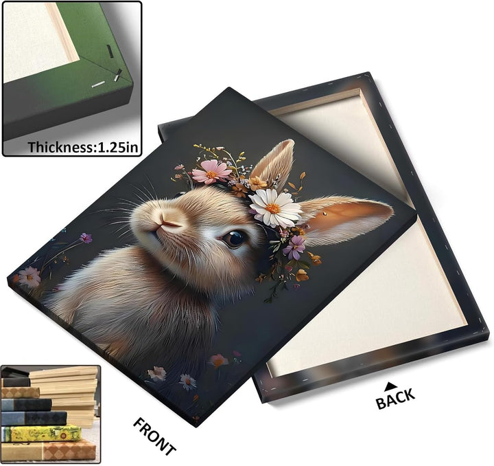 Easter Rabbit Framed Canvas Wall Art, Hare with Flower Crown Oil Painting Home Decor, Nature-Inspired Wall Decor Stunning Lovable Bunny Canvas Prints