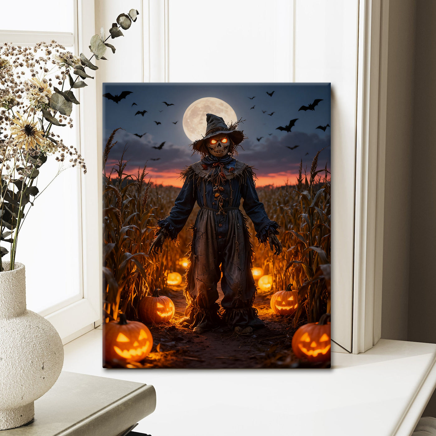 Moonlit Pumpkin Field Scarecrow Halloween Canvas Wall Art