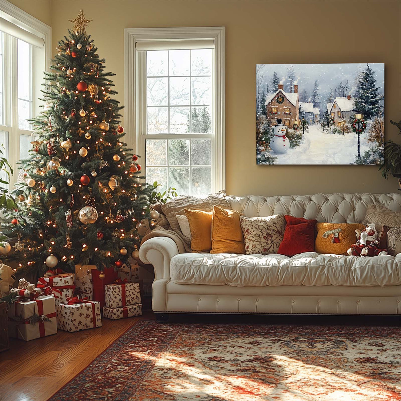 Snowman Christmas Village Canvas Wall Art, Snowy Holiday Town with Wreaths and Lights Decor