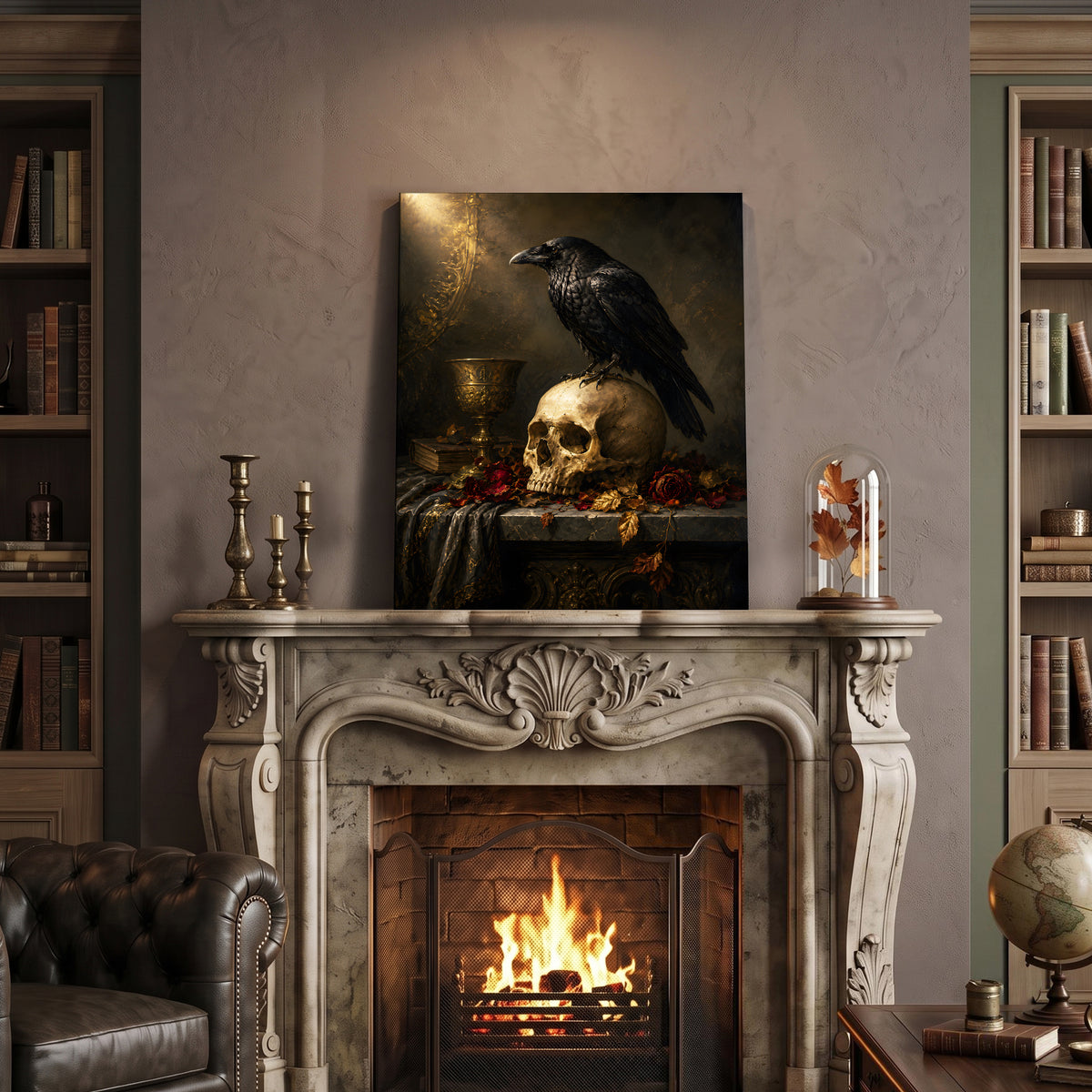 Halloween Raven Canvas Wall Art, Gothic Moonlit Bird Decor
