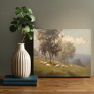 Sheep Grazing in the Misty Meadow Soft Atmospheric Pastoral Landscape Painting Wall Art