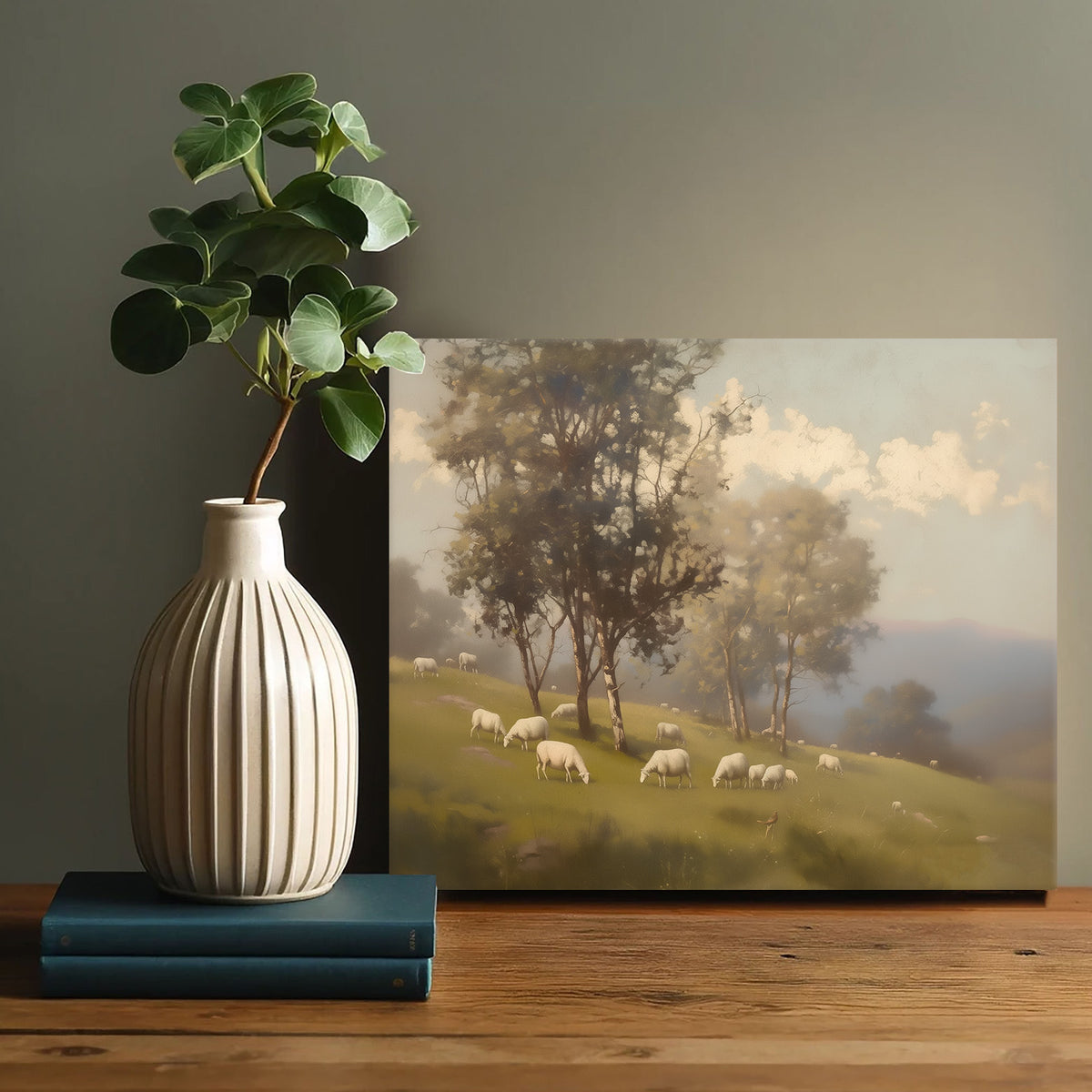 Sheep Grazing in the Misty Meadow Soft Atmospheric Pastoral Landscape Painting Wall Art
