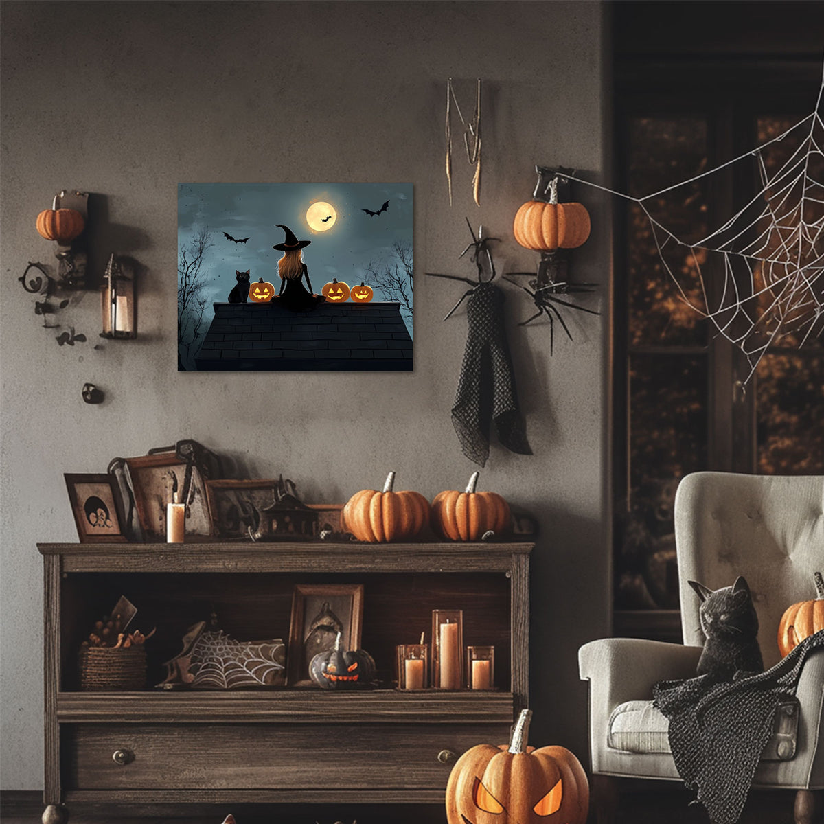Witch, Black Cat and Pumpkins Halloween Wall Art