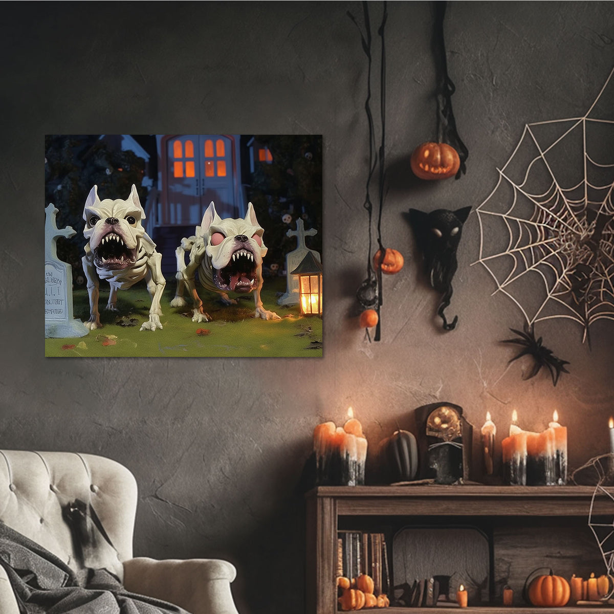 Spooky Skeleton Bulldogs in a Haunted Graveyard Illustration Dogs Wall Art