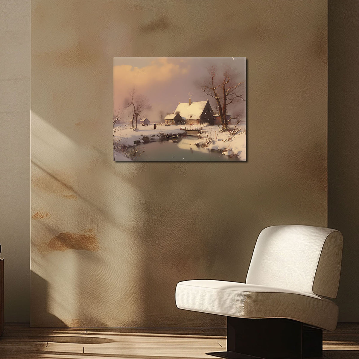 Snowy Winter Village by the River Impressionist Snowy Countryside Landscape Painting Wall Art