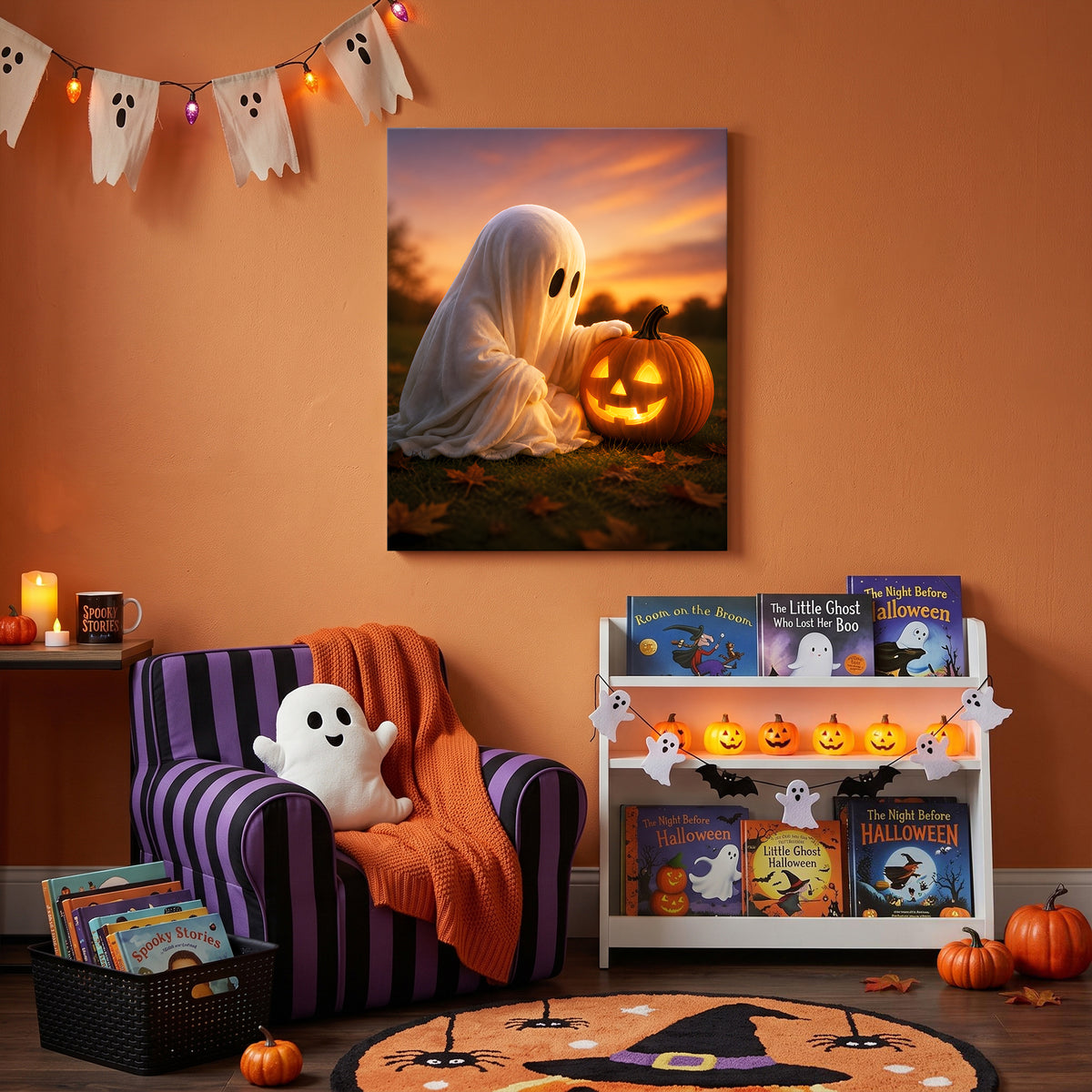Little Ghosts & Candlelight Halloween Canvas Wall Art for Kids
