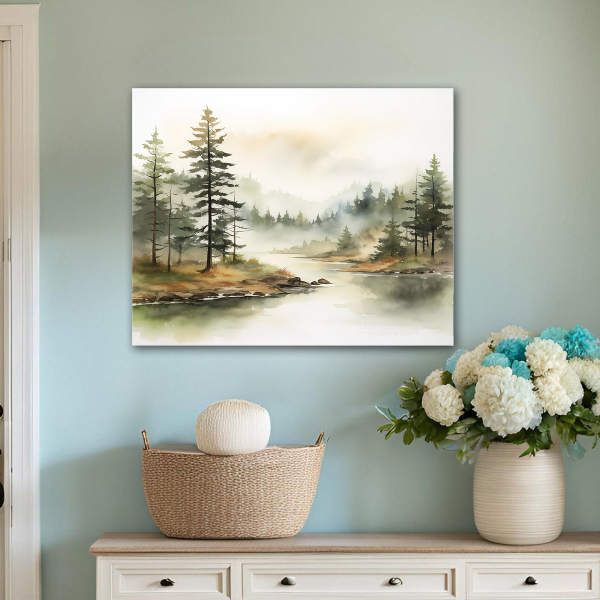 Soft Watercolor Woodland Landscape Misty Pine Forest Lake Wall Art