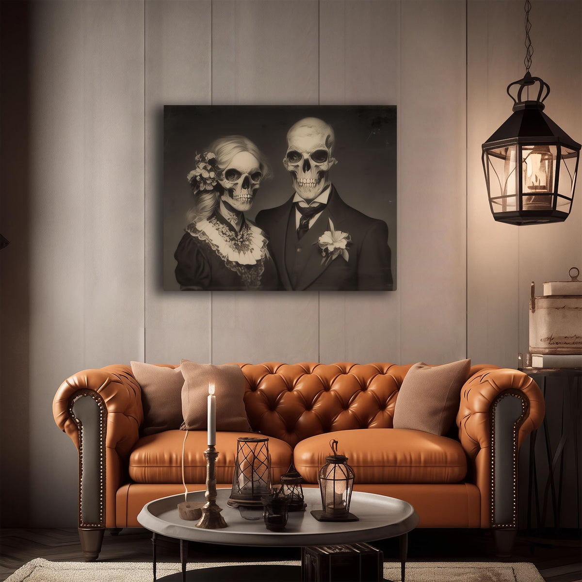 Victorian Skeleton Wedding Couple Vintage Gothic Halloween Portrait Painting Wall Art