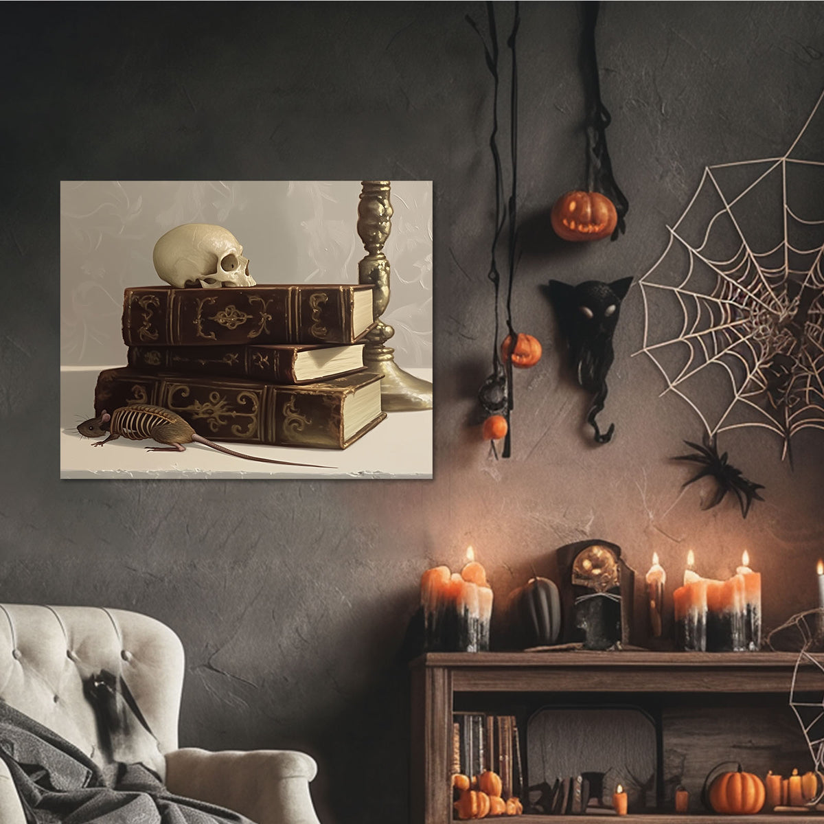 Dark Academia Skull Still Life Gothic Books with Skull and Rat Artwork Wall Art