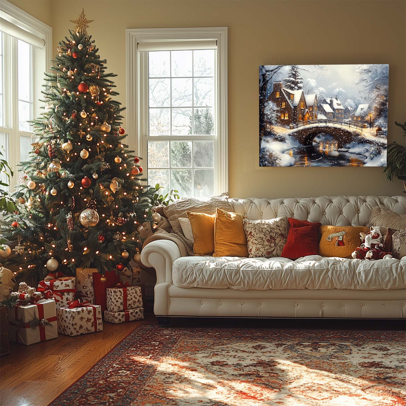 Snowy Christmas Village Canvas Wall Art, Cozy Winter Town Holiday Decor