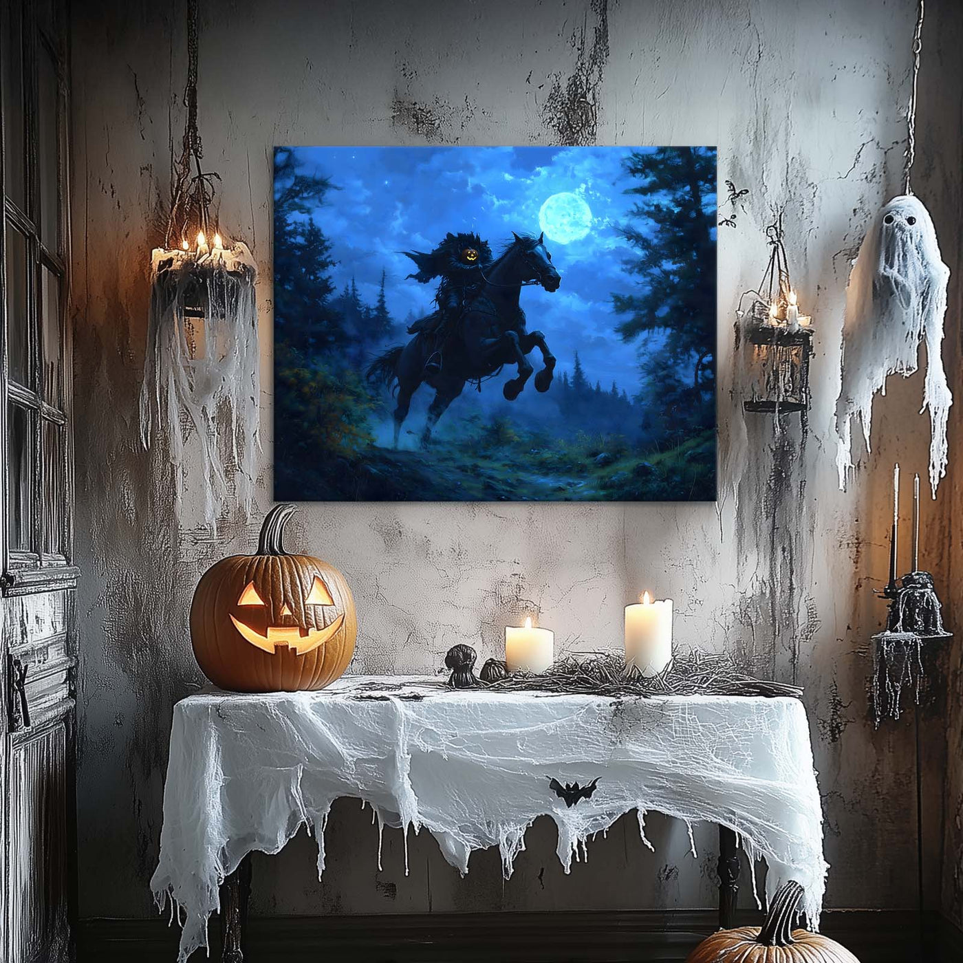 Moonlit Headless Horseman Halloween Canvas Wall Art