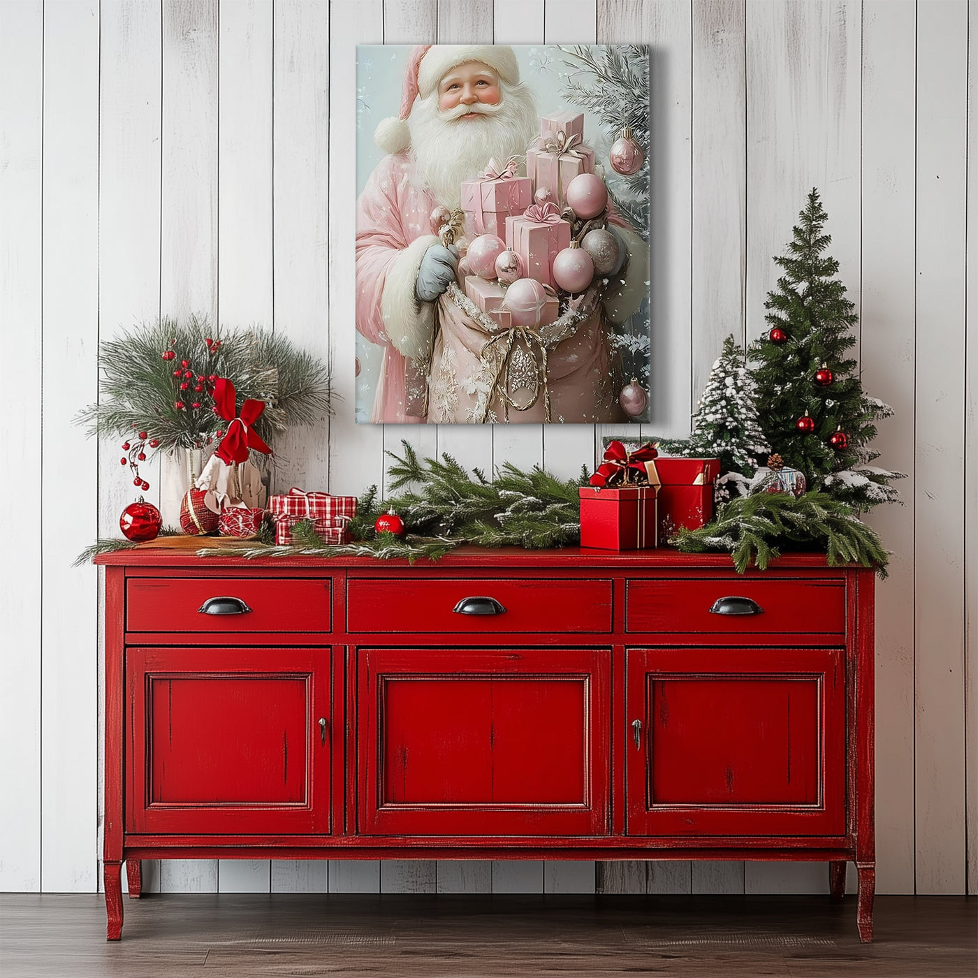 Pink Santa Claus Christmas Canvas Wall Art with Gifts, Whimsical Holiday Decor for Bedroom, Living Room and Nursery
