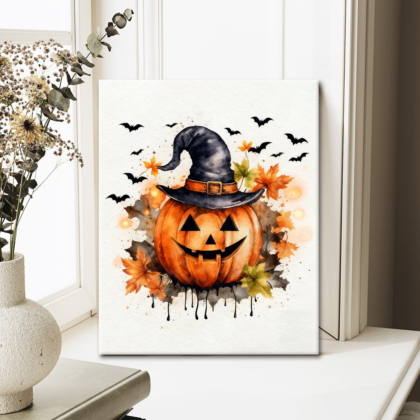 Watercolor Witch Hat Pumpkin Halloween Canvas Wall Art