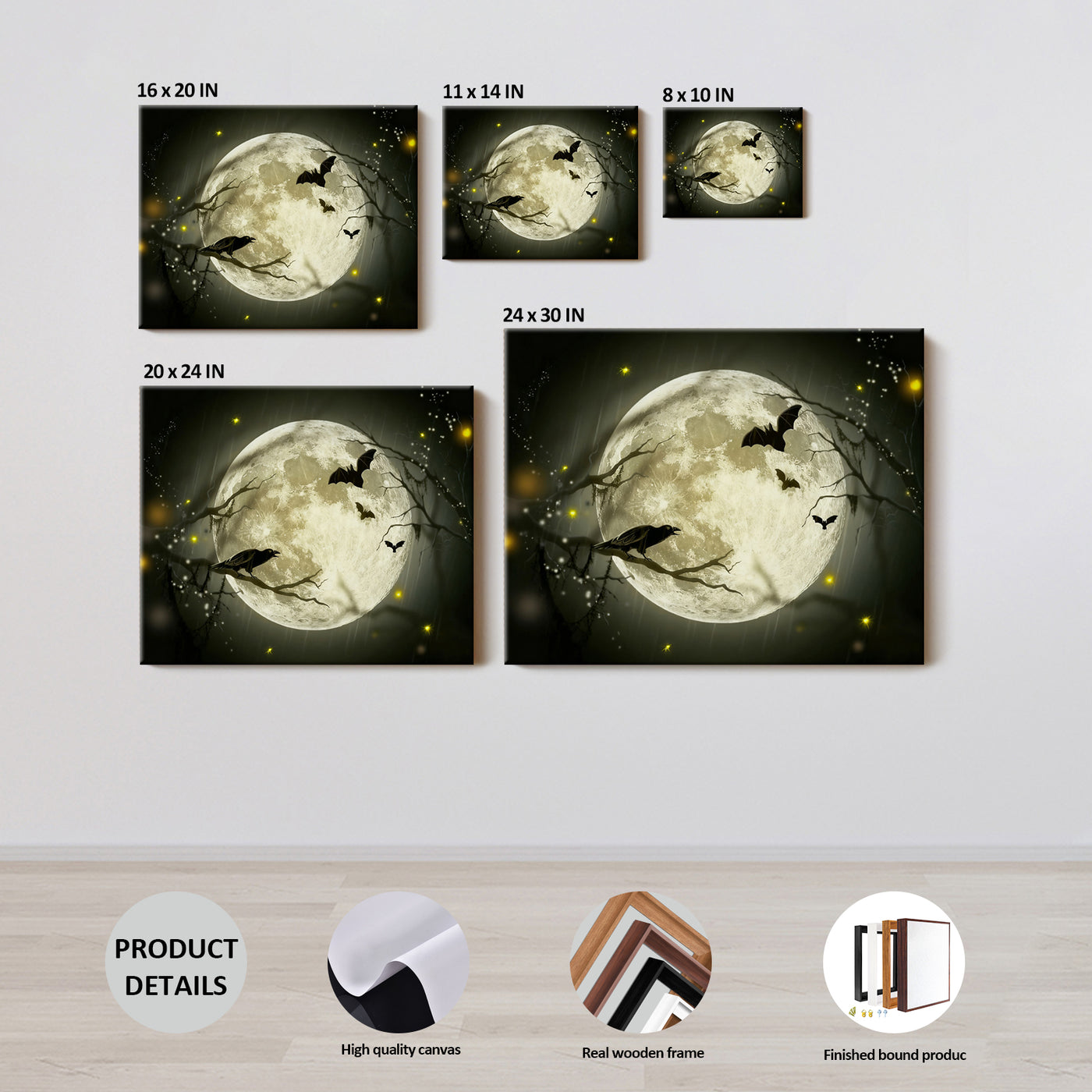 Raven Under the Harvest Moon Halloween Canvas Wall Art