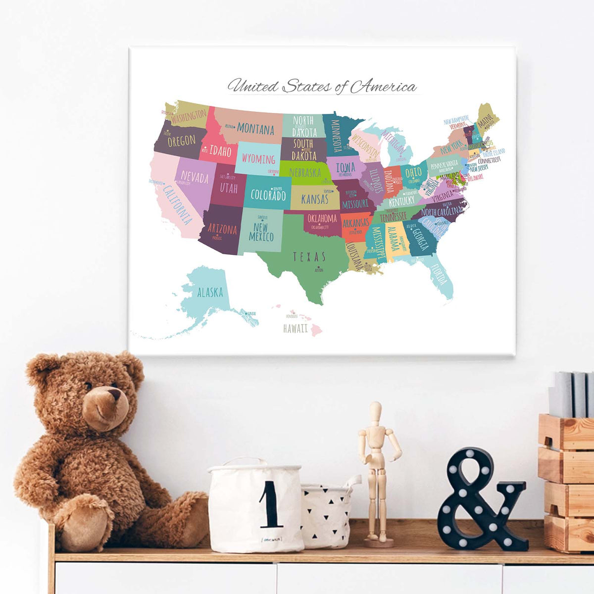 Colorful United States Map Wall Art – USA States and Capitals Canvas Print