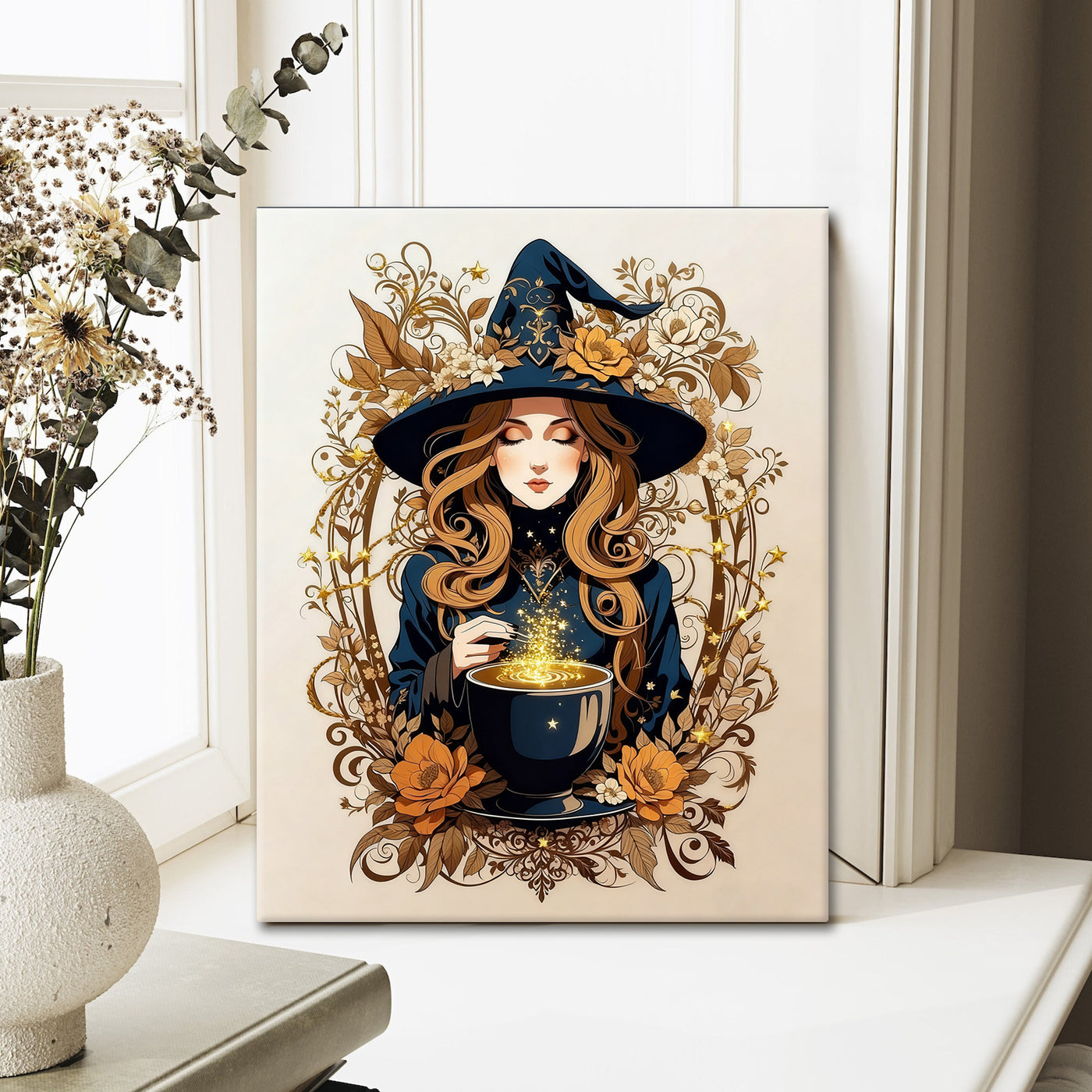Enchanted Floral Witch Halloween Canvas Wall Art