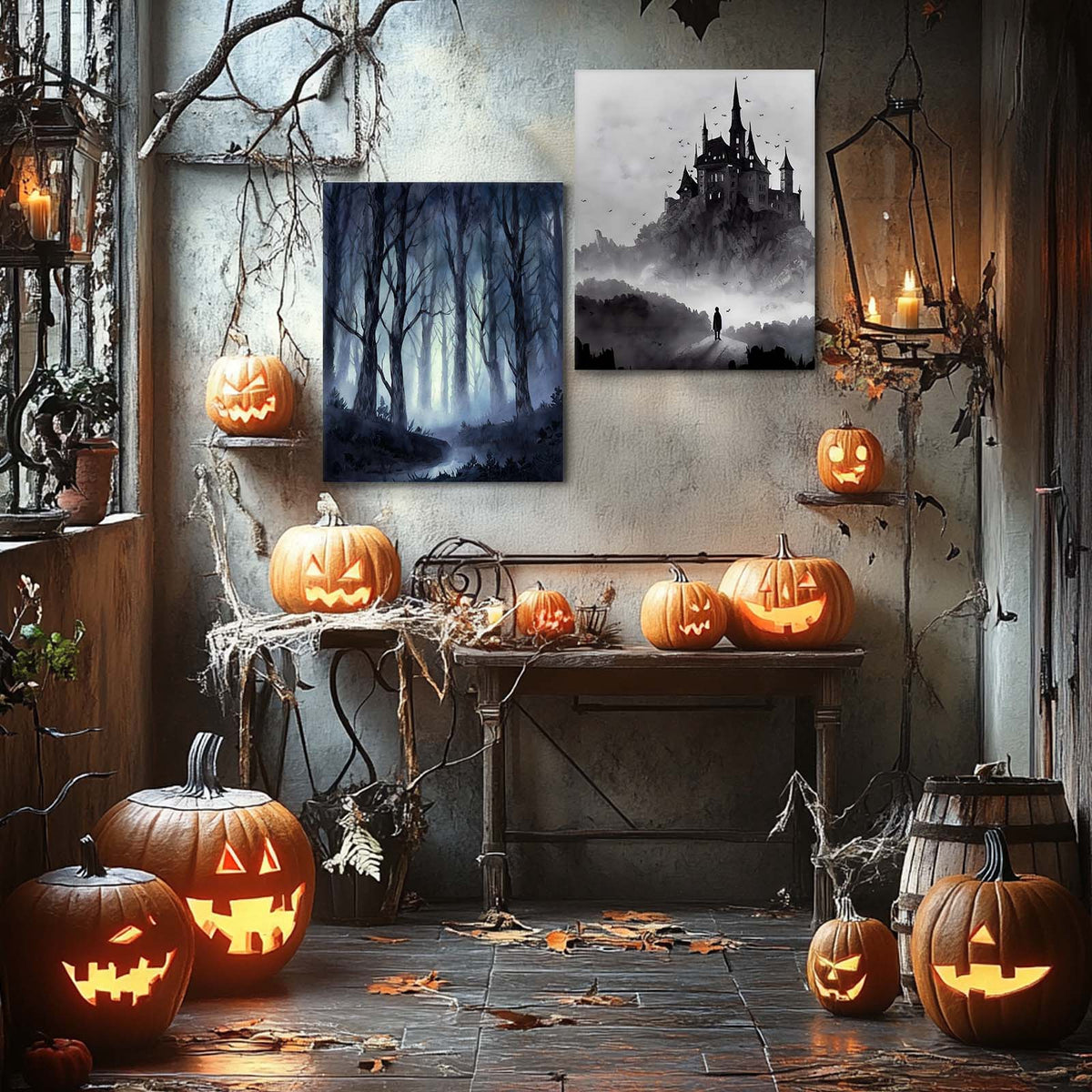 Haunted Misty Dark Forest Illustration Halloween Wall Art