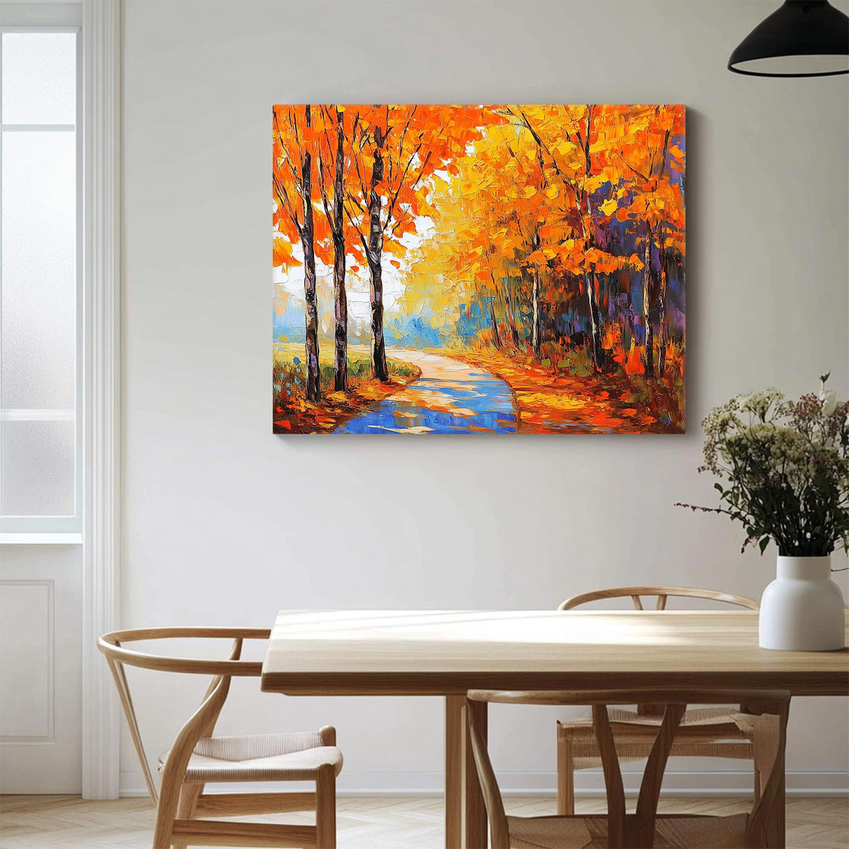 Vibrant Autumn Forest Textured Orange Woodland Path Painting Wall Art
