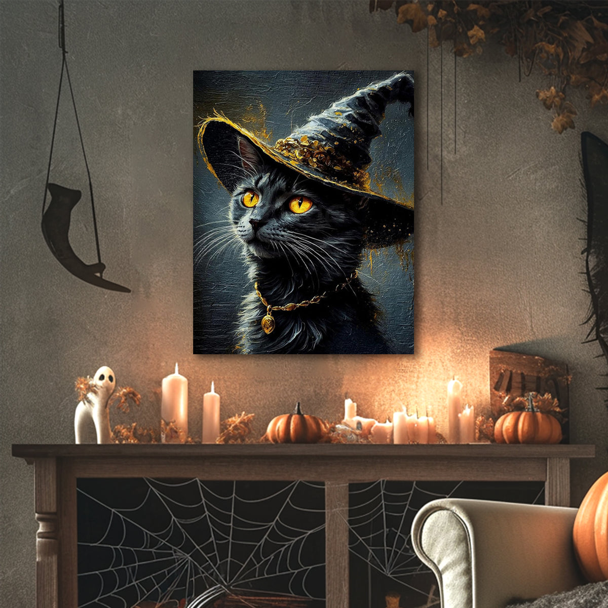 Bewitched Black Cat Halloween Canvas Wall Art