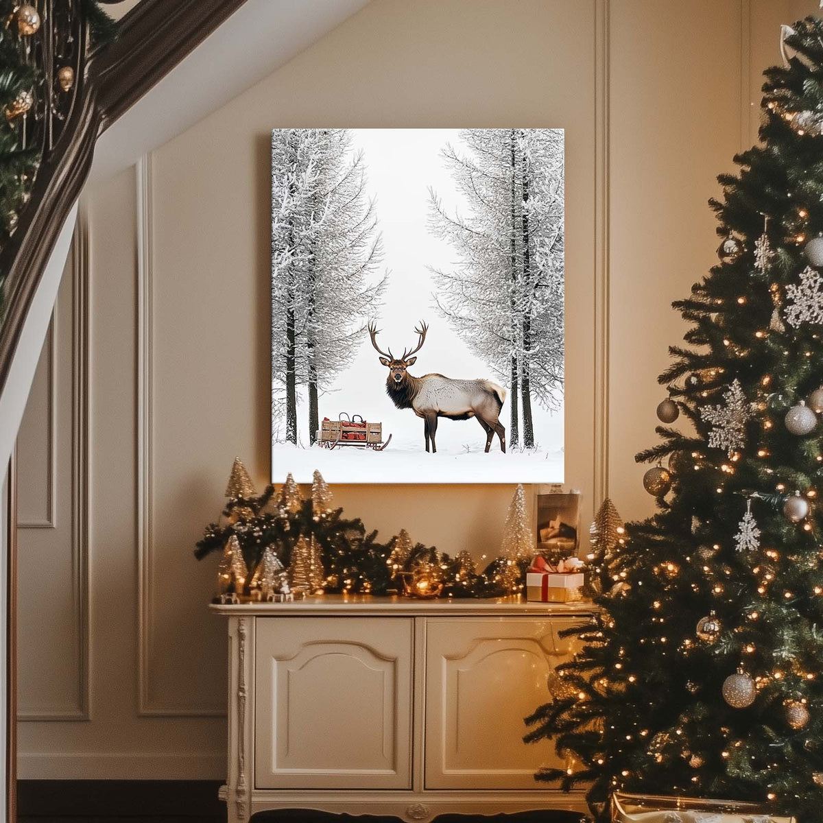 Christmas Elk and Sleigh Canvas Wall Art, Snowy Forest Wildlife Artwork with Gifts for Holiday Decor
