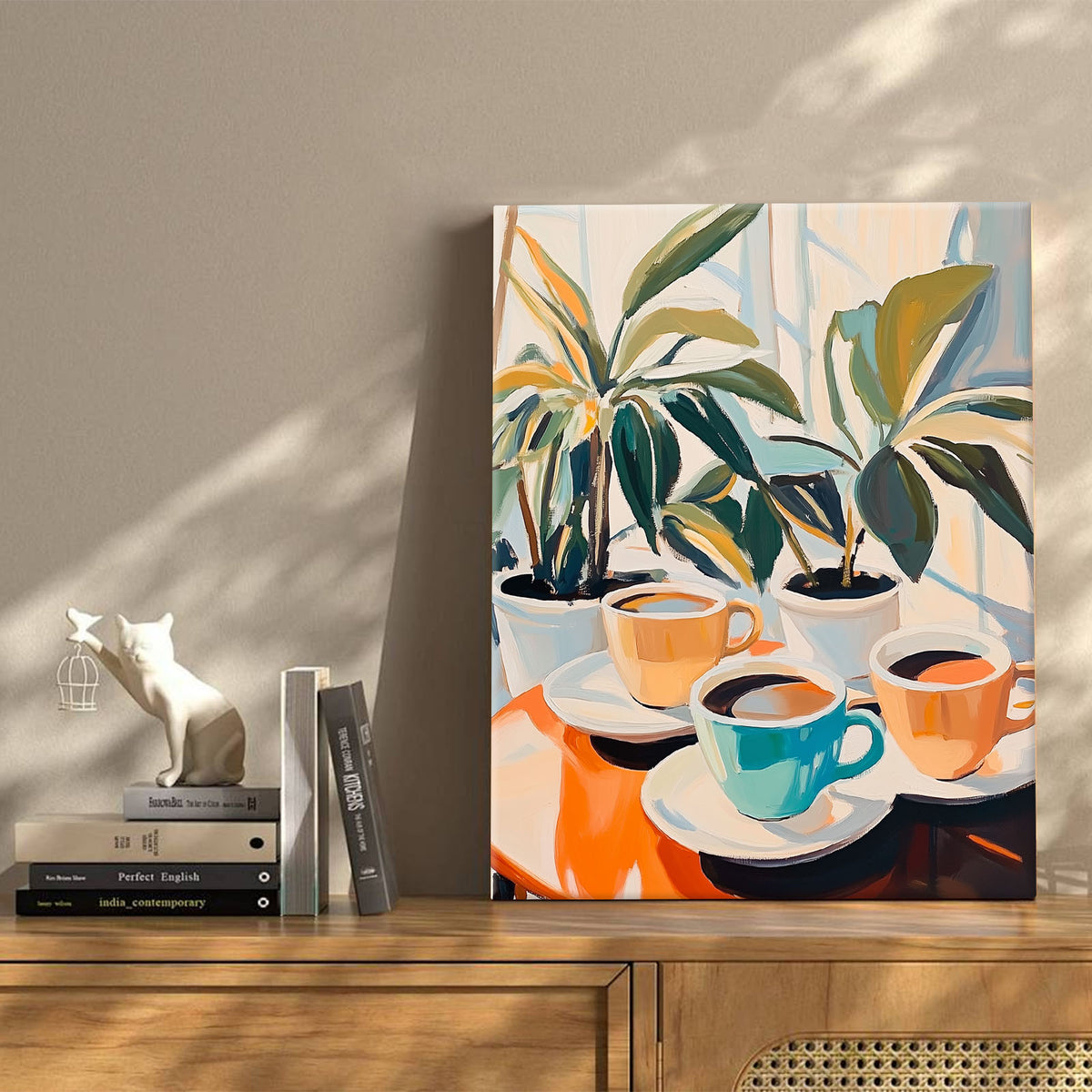 Colorful Coffee and Houseplants Modern Colorful Abstract Lifestyle Painting Wall Art