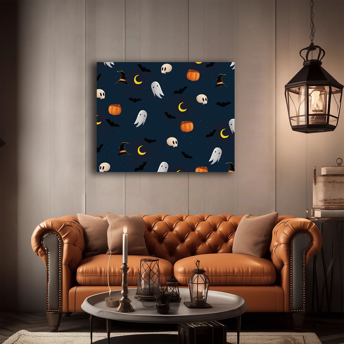 Cute Ghost, Bat and Pumpkin Pattern Illustration Halloween Ghost Wall Art