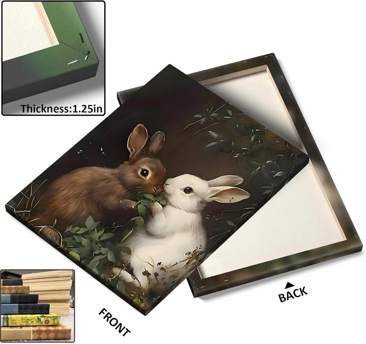 Easter Rabbits Canvas Wall Art, Adorable Hares Eating Leaves Oil Painting Home Decor, Nature-Inspired Wall Decor Stunning Lovable Bunny Canvas Prints for Living Room