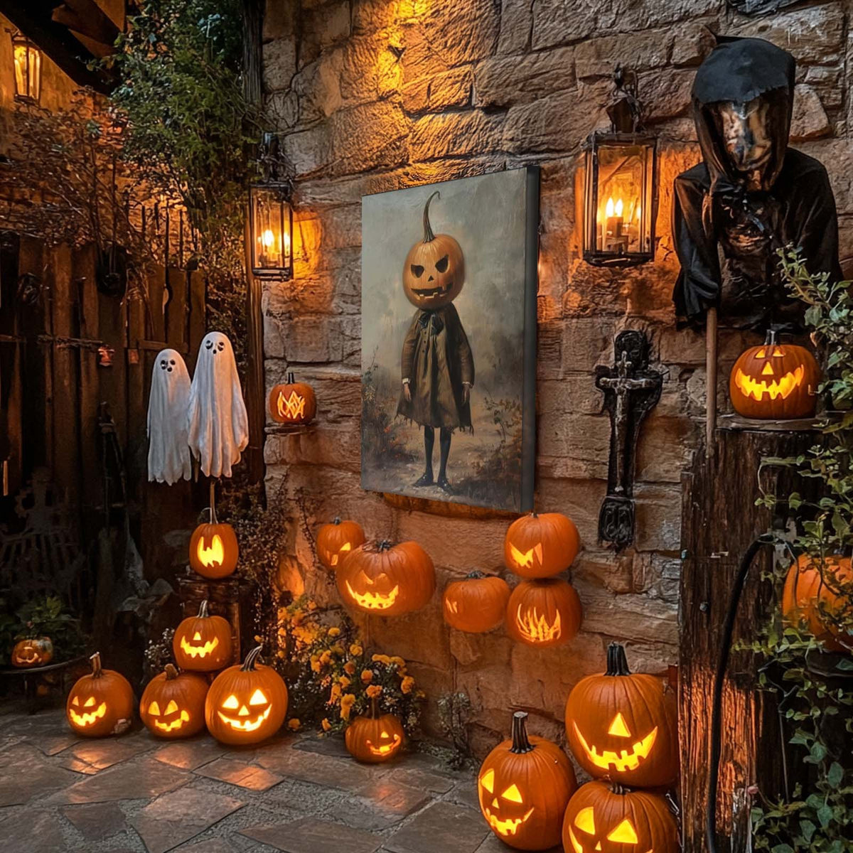 Vintage Gothic Pumpkin Head Halloween Painting Head Scarecrow Wall Art
