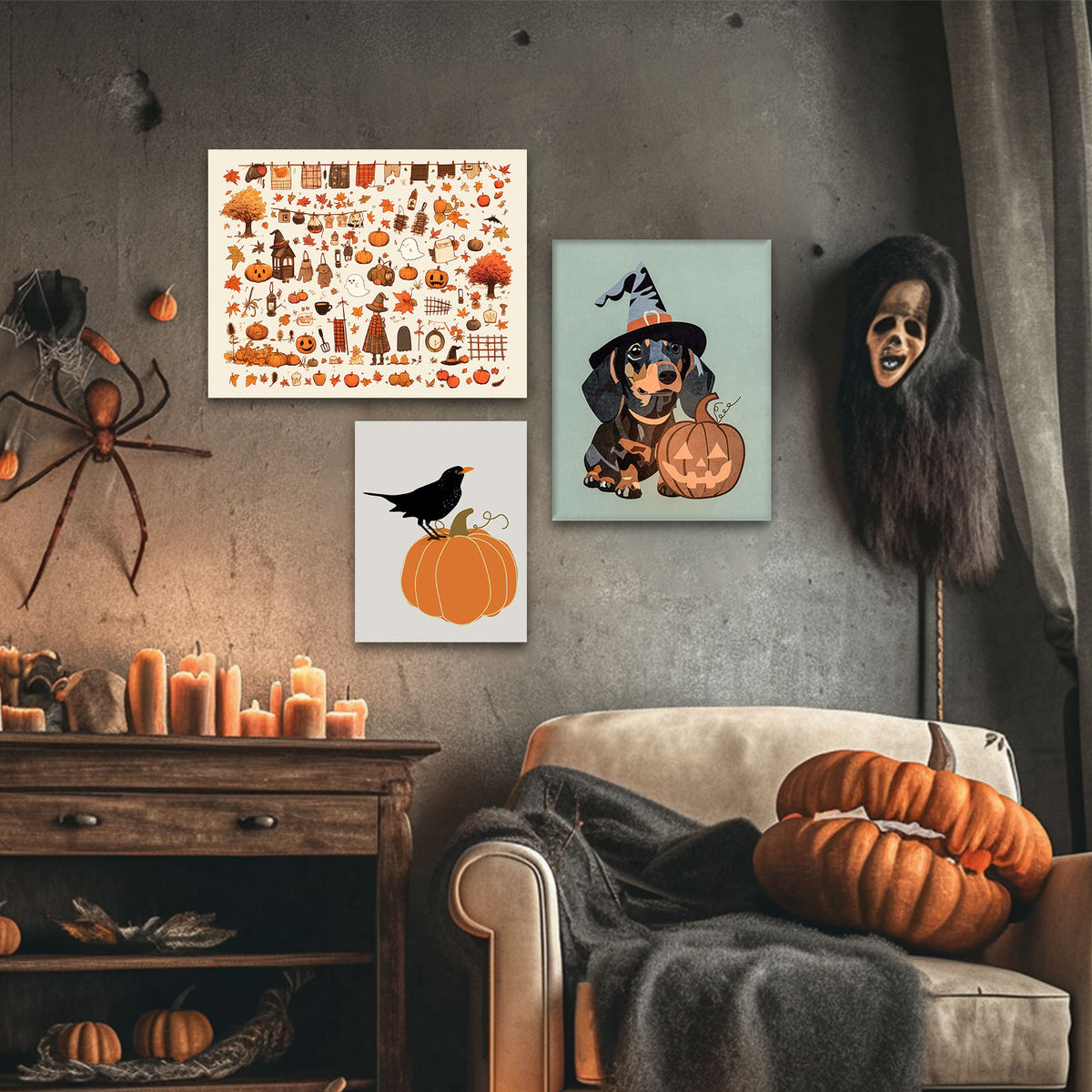 Halloween Minimalist Crow on Pumpkin Illustration and Pumpkin Wall Art