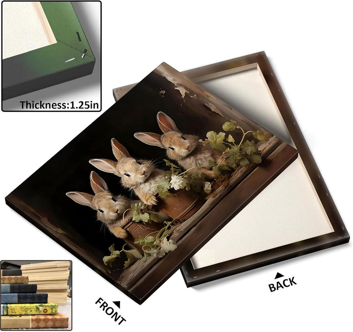 Easter Rabbits Framed Canvas Wall Art, Potted Hares and Plants Oil Painting Home Decor, Nature-Inspired Wall Decor Stunning Lovable Bunny Canvas Prints for Living Room, Bedroom, or Nursery