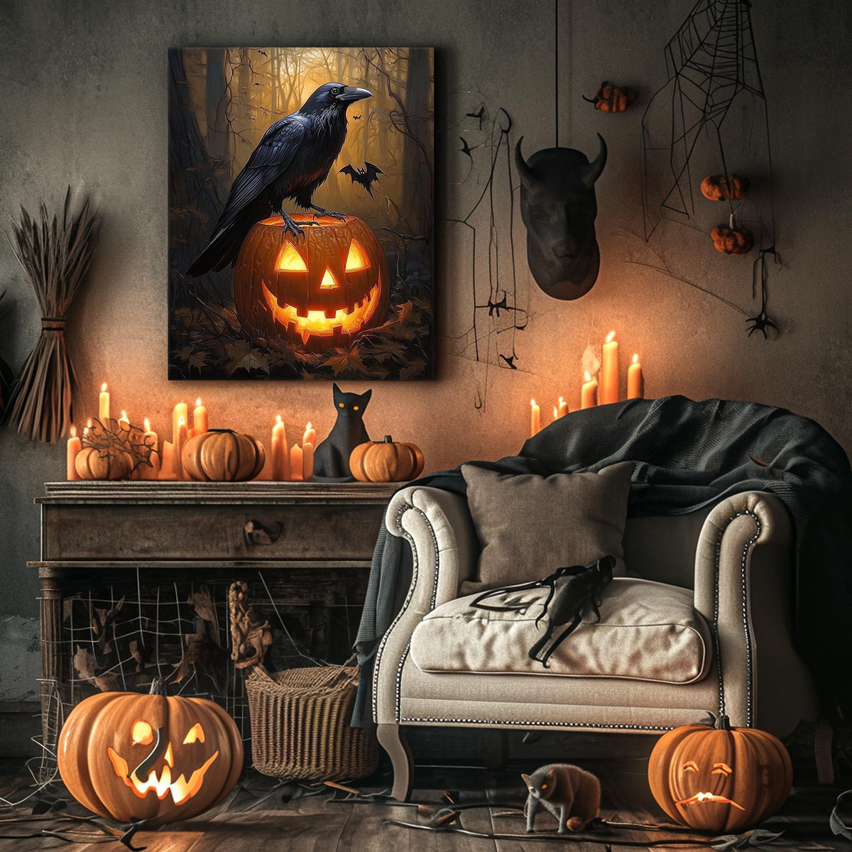 Dark Gothic Painting Raven and Pumpkin Halloween Wall Art