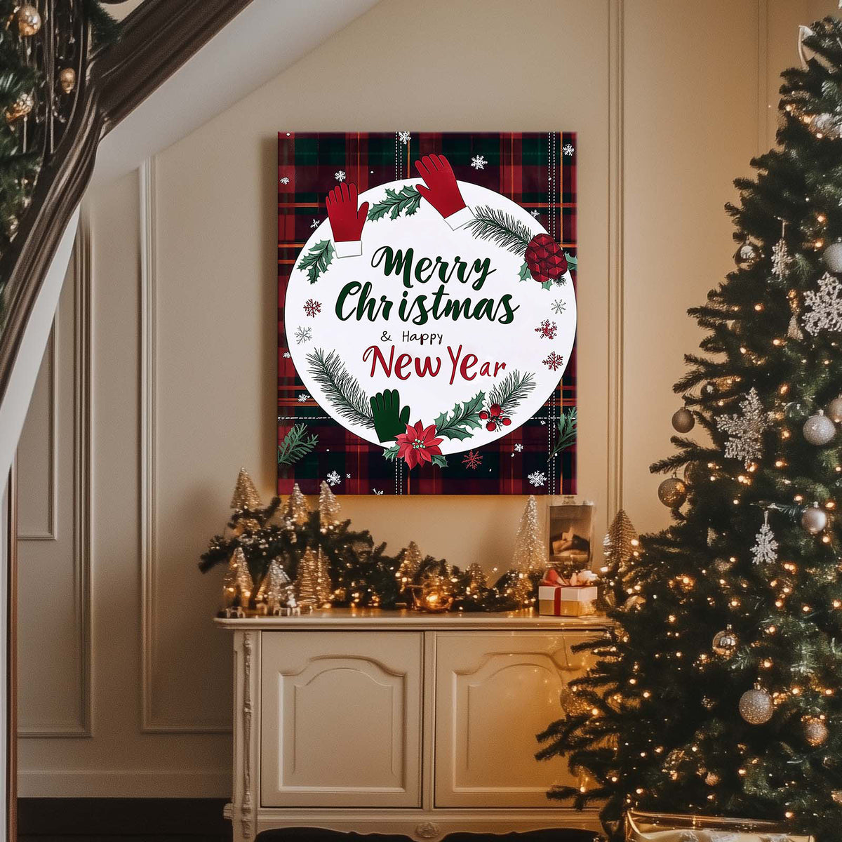 Merry Christmas Happy New Year Canvas Wall Art, Rustic Plaid Holiday Sign with Christmas Wreath and Mittens