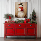 Christmas Snowman Canvas Wall Art, Rustic Snowman with Red Scarf and Black Hat Holiday Decor for Living Room
