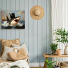 Black Cat Riding a Shark Whimsical Surreal Ocean Adventure Painting Wall Art