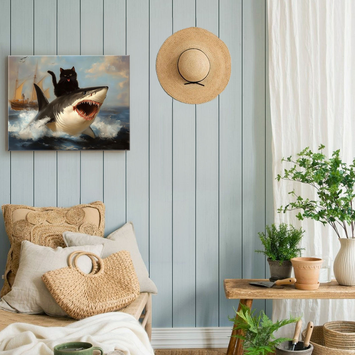 Black Cat Riding a Shark Whimsical Surreal Ocean Adventure Painting Wall Art