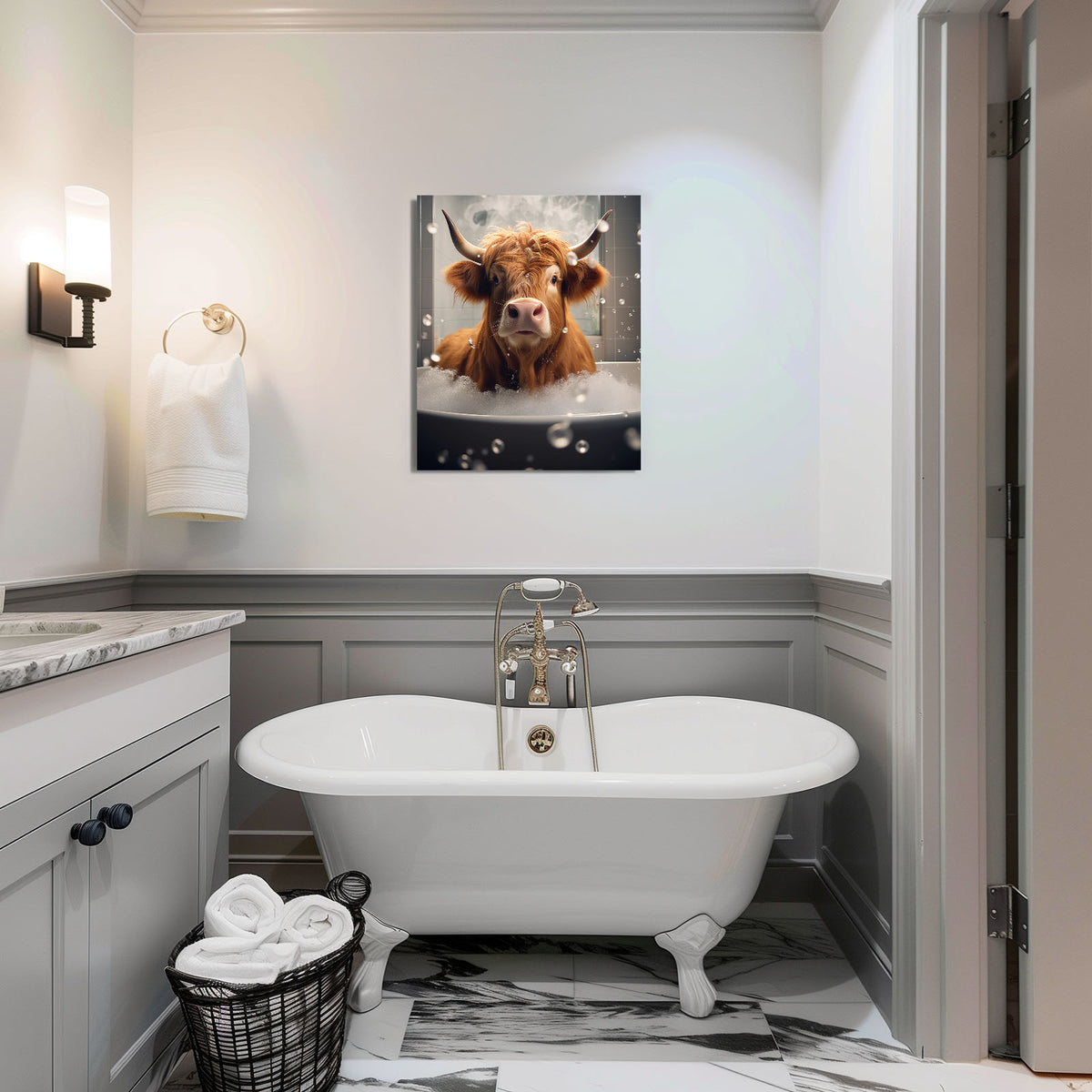 Highland Cow in the Bathtub Whimsical Surreal Animal Illustration Wall Art