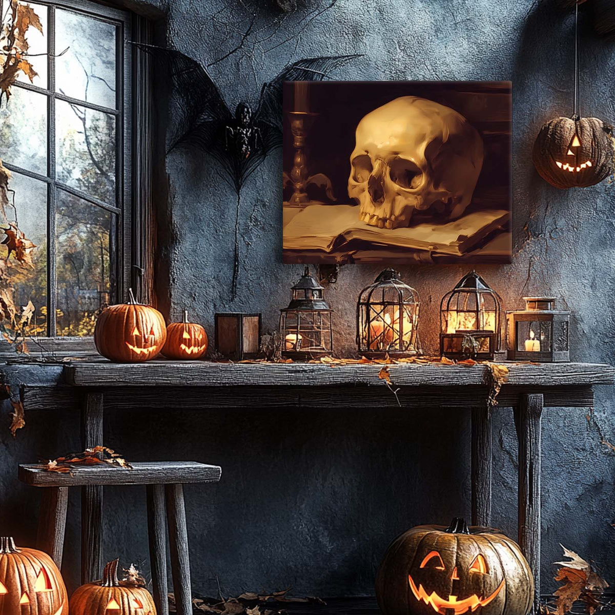 Dark Academia Skull Still Life Painting and Book Wall Art