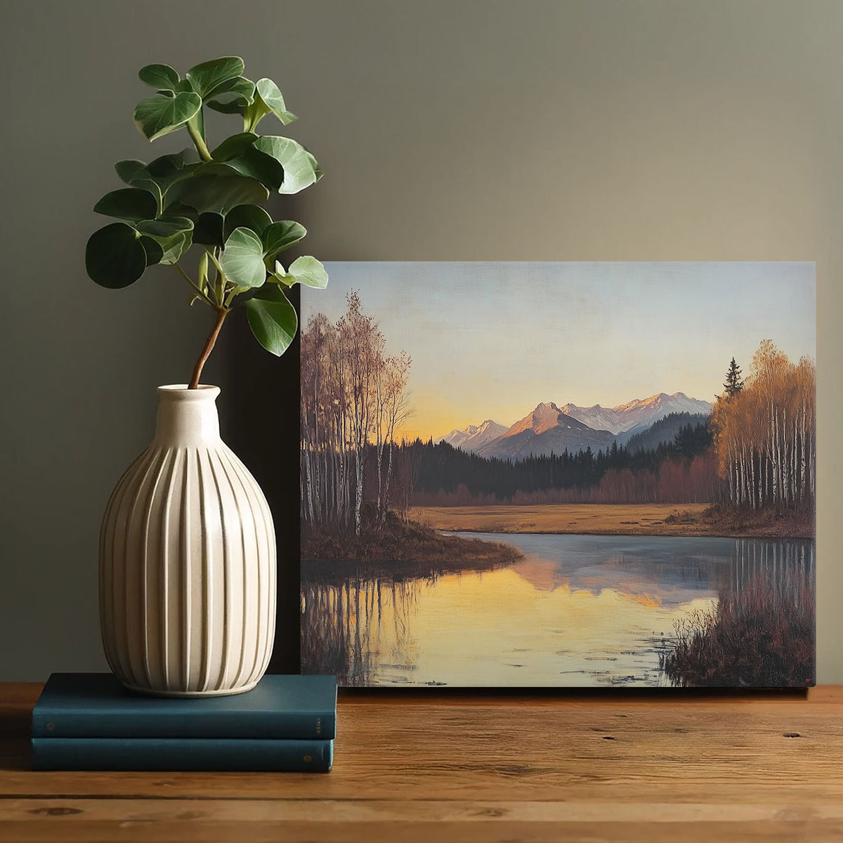 Mountain Lake at Autumn Sunset Serene Rustic Landscape Painting Wall Art