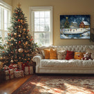 Christmas Ice Skating Canvas Wall Art, Snowy Farmhouse Scene with Christmas Tree and Barn Holiday Decor