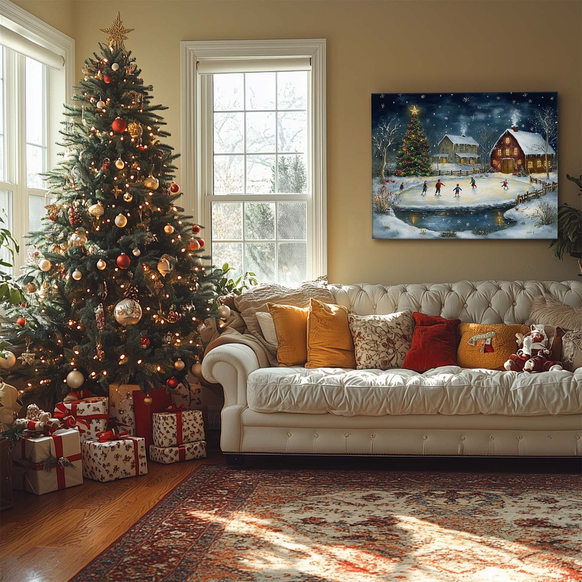 Christmas Ice Skating Canvas Wall Art, Snowy Farmhouse Scene with Christmas Tree and Barn Holiday Decor