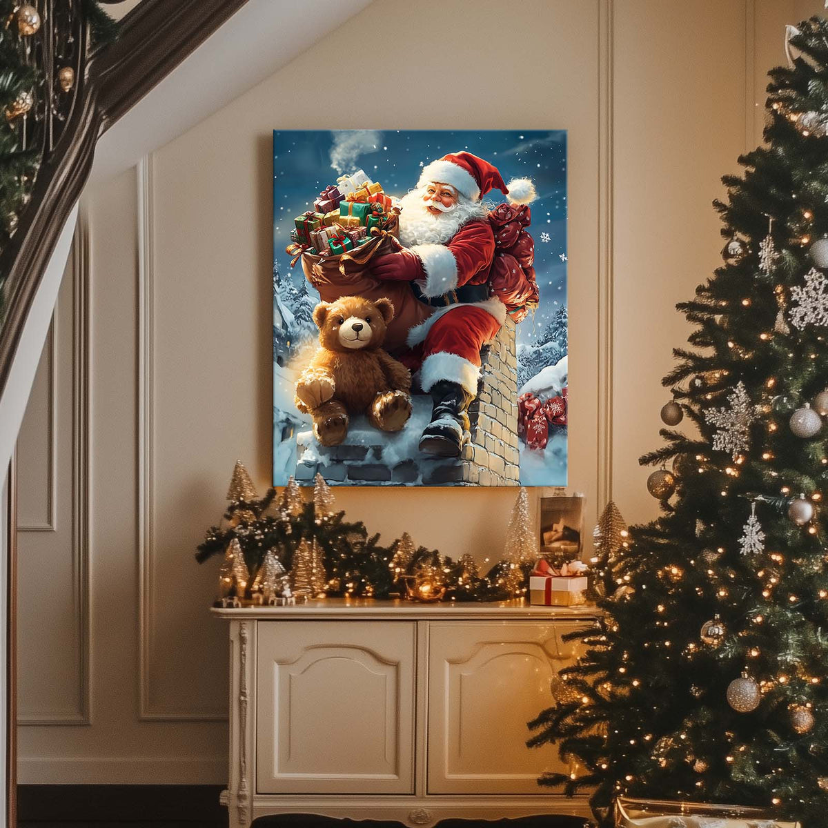 Santa Claus with Teddy Bear Christmas Canvas Wall Art, Santa Delivering Gifts on a Snowy Rooftop Holiday Decor