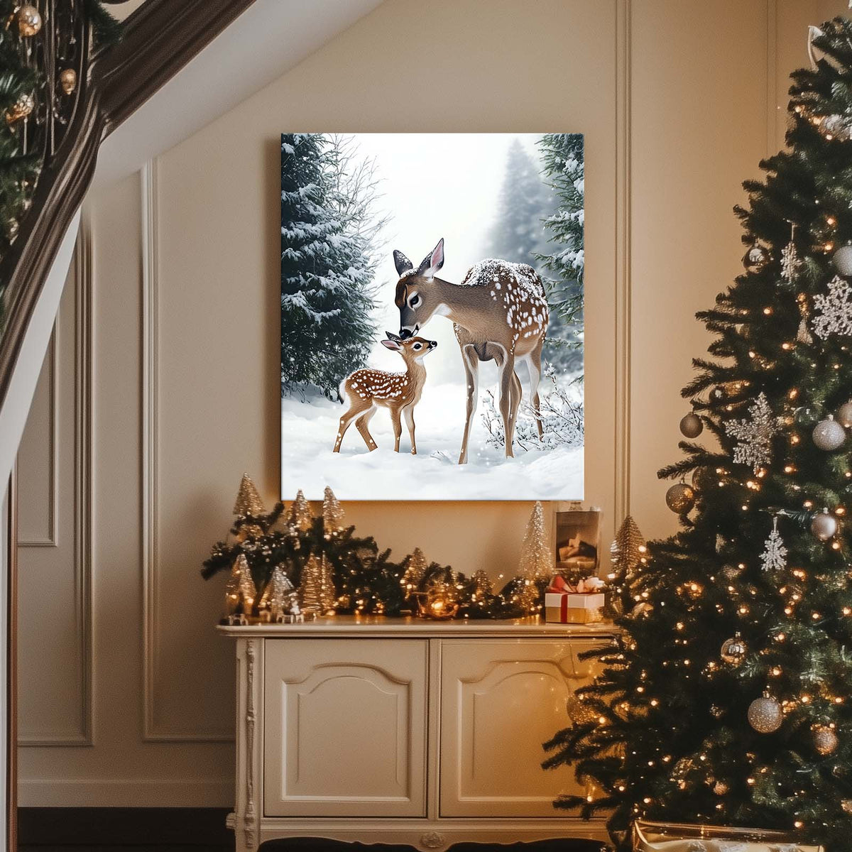 Mother and Baby Deer Winter Canvas Wall Art, Snowy Forest Wildlife Artwork for Living Room, Bedroom and Nursery