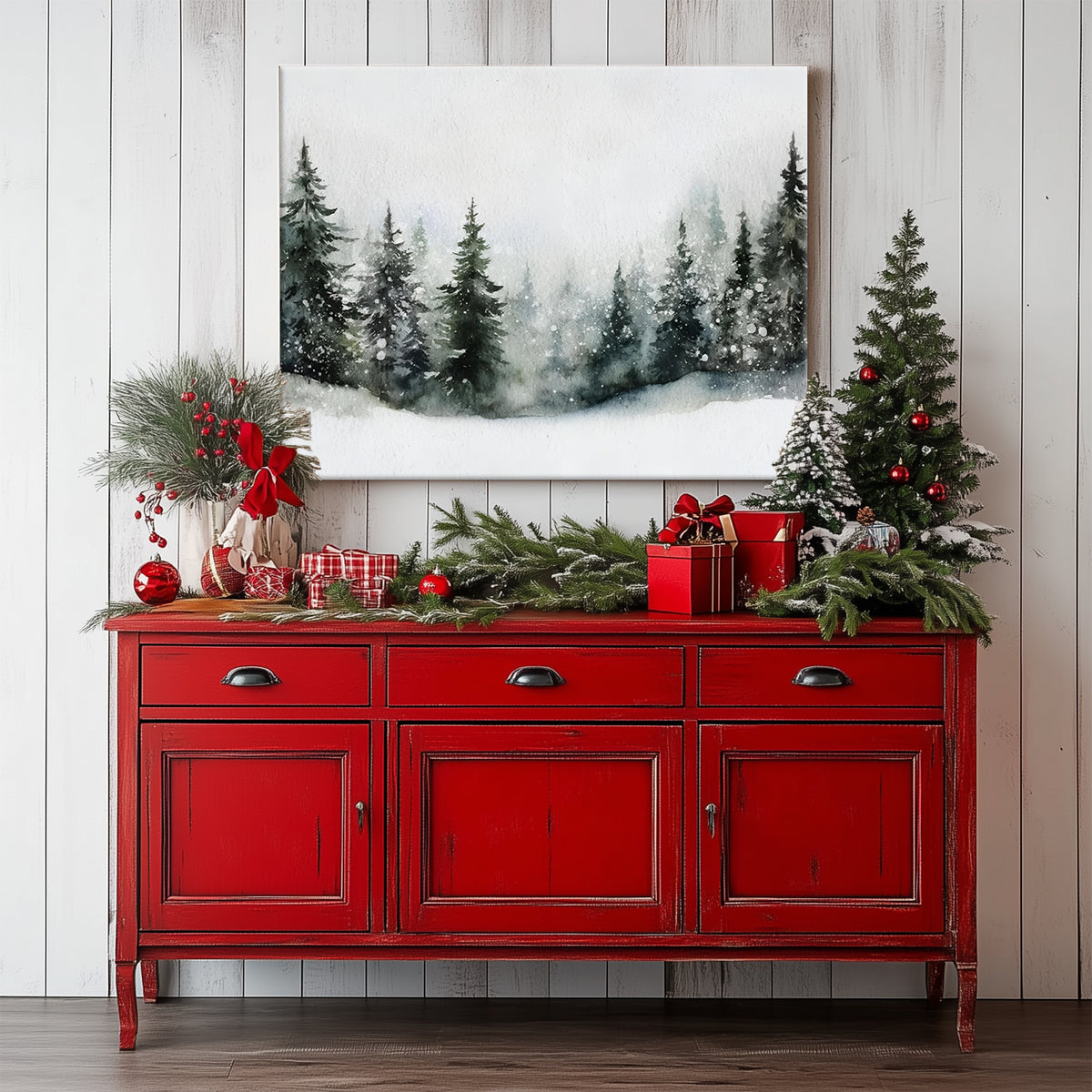 Snowy Pine Forest Canvas Wall Art, Winter Woodland Landscape Artwork for Living Room, Bedroom and Entryway